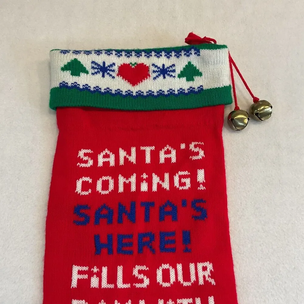 Kurt Adler Christmas Stocking Santa’s Coming Knitted Knit Oversized Taiwan Bells